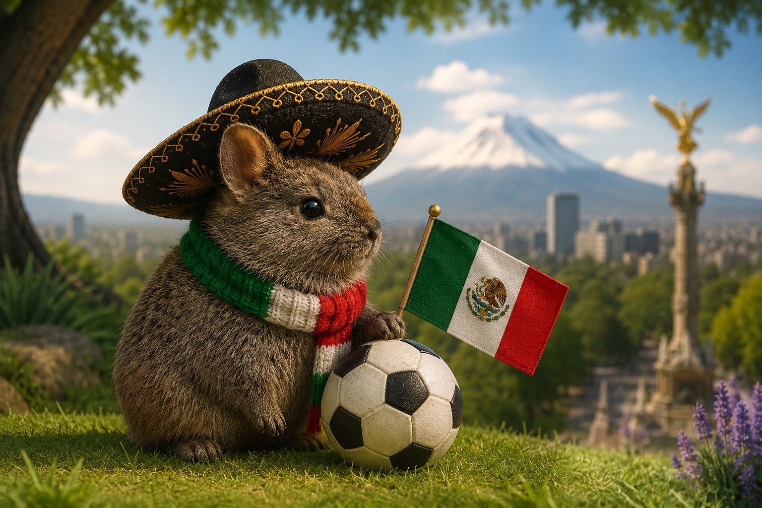 Teporingo wearing a charro hat, tricolor scarf, with a soccer ball and Mexican flag, with the Popocatépetl volcano and the Angel of Independence in the background