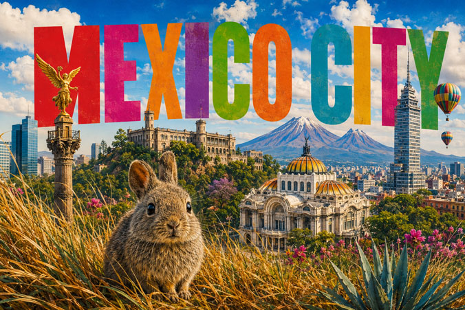 De teporingo (Romerolagus diazi), het endemische vulkaankonijn van Mexico, in het hooglandgras met El Ángel de la Independencia, het Palacio de Bellas Artes en de vulkaan Popocatépetl op de achtergrond in Mexico-Stad